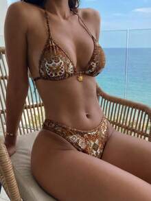 Swim Vcay Bộ 2 món đồ bơi nữ mùa hè, in họa tiết ngẫu nhiên, phụ kiện hình mặt trời vàng, áo yếm và bikini cạp cao kiểu vintage. - Nhiều màu - Xem 5