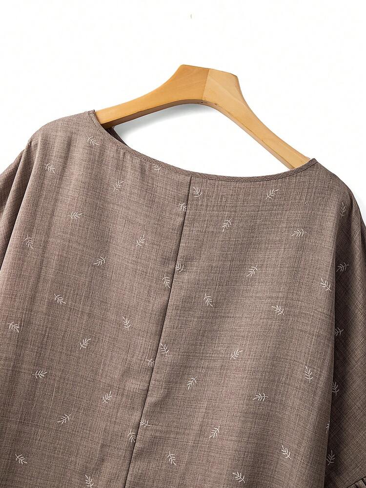 Linhara Camisa casual de talla grande con bordado de hojas y ribete de volantes para vacaciones - Albaricoque - Añade 5