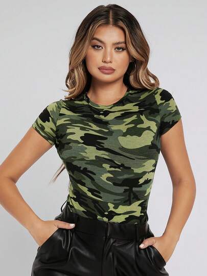 SHEIN SXY Summer Camo Print Tight Short Sleeve Women's Casual T-Shirt Camouflage Outfit For Women