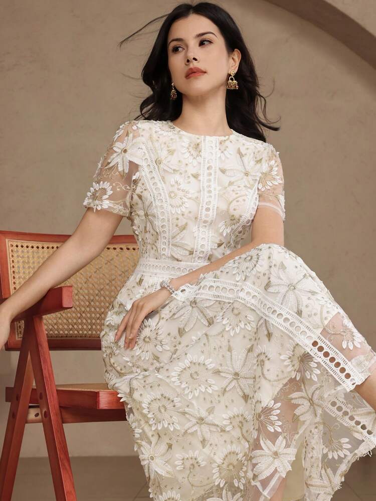 Elegant Lace Trim Short Sleeve Dress, Youthful And Refined Mini Dress Wedding Guest Dress Sundress - Gold - View 1