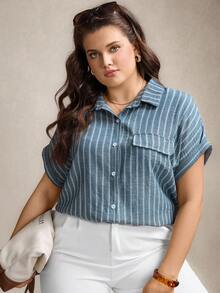 Zelara 大码女式休闲舒适格纹撞色衬衫，百搭乡村音乐会、毕业典礼、夏季早午餐、母亲节、教堂等场合均有穿着。 - 藍色 - 查看 5