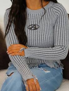SAYEHFBABY 秋冬条纹破洞毛衣 - 灰色 - 查看 3