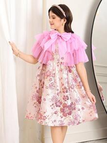 SHEIN Tween Girl Elegant Layered Mesh Trim Sleeveless Jacquard Dress 2 Pieces Set,Pink Silk Long Puffy Flowerance Dress For Teens,Summer Country Concert - Hot Pink - View 7