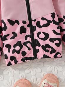 SHEIN 年轻女孩豹纹长袖连帽拉链休闲夹克，秋冬