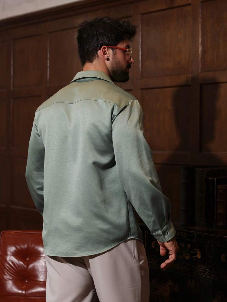 Men's Green Button-Front Pocket Long Sleeve Casual Shacket, Spring/Autumn