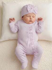 SHEIN Newborn Infant Bow Print Cute Baby Romper Jumpsuit + Hat, Autumn/Winter