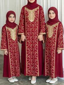 SHEIN Tween Girls Burgundy Velvet Embroidered Middle Eastern Style Gold Foil V-Neck Maxi Dress,Dark Red,Autumn,Elegant,Wedding Guest Party Banquet Gown - Burgundy - View 1