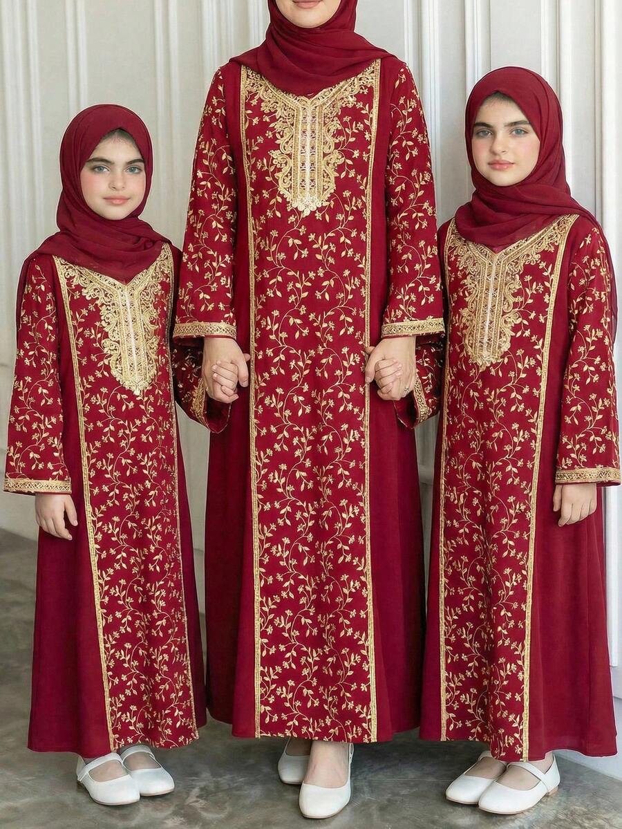 SHEIN Tween Girls Burgundy Velvet Embroidered Middle Eastern Style Gold Foil V-Neck Maxi Dress,Dark Red,Autumn,Elegant,Wedding Guest Party Banquet Gown - Burgundy - View 1