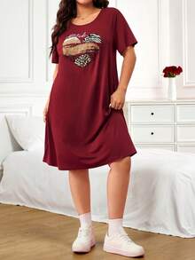 Enliva Rochie tricou elastică lejeră pentru femei, mărime mare, rochie casual cu mânecă scurtă și model cu inimă, potrivită pentru formele corpului rotund, Ziua Îndrăgostiților, dragoste, cadou, romantism, La mulți ani de Ziua Îndrăgostiților, ținută de Anul Nou 2026, Anul Nou 2026, pentru forme de corp rotunjite și cu model de măr - Burgundia - Vizualizare 6