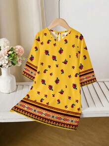 Baby Girls Elegant Vintage Distinctive Dignified Kaftan Maxi Dress, Floral Print Long Sleeve V-Neck Loose Casual Dress, Suitable For Festivals, Daily Wear, And Outings - Multicolor - View 3