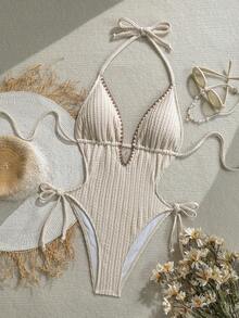 Soleia 女士性感露背系带连体泳衣，夏季海滩度假时尚之选 - 彩色 - 查看 1