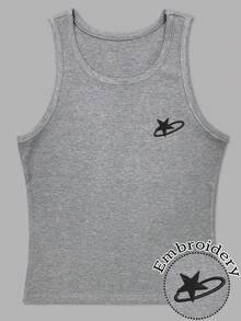 Manfinity Dauomo Men's Casual Fashionable Street Daily Commute Star Embroidery Ribbed Knit Tank Top, Summer - Light Grey - View 4