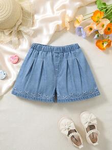 SHEIN Young Girl' Bow Embroidered Blue Denim Loose Shorts - Light Wash - View 1