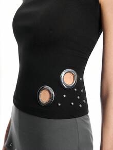 Airlisse Women's Black Summer Street Wear Y2K Sleeveless Knit Ribbed Tank Top,Grommet Decor Biker Chic Club Vest,Metal Eyelets Goth Fitted Rave Tops - Black - View 7