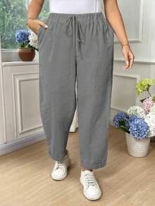 EMERY ROSE Plus Size Women Cotton Solid Color Drawstring Waist Pockets Loose Pants Fall - Light Grey - View 8