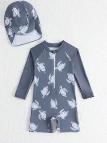 SHEIN 一套男童长袖连体泳衣，含泳帽，适合沙滩和水疗中心 - 彩色 - 查看 5