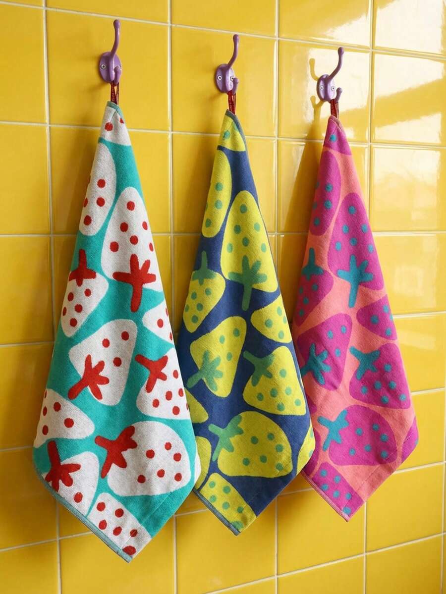 Joivida 1pc Super Absorbent Large Rectangular Face Towel And Bath Towel, With Strawberry, Lime, And Watermelon Patterns (Pink, Green, Green) - Thick Hanging Hand Towel, Dishwasher Towel, Cute Fruit Pattern, Household Absorbent Cloth With A Gauze Like Texture, Suitable For Sensitive Skin