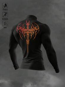 Manfinity EMRG Men's Gothic Print Raglan Long Sleeve High Neck Sports T-Shirt Men's Compression Tops Rash Guard Compression Long Sleeve Turtle Neck Compression Shirt Compression Top Compression Shirt Men - Black - View 2