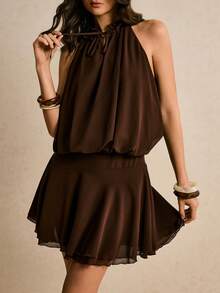 Poéselle Women's Elegant Solid Color Halter Mini Dress, Summer,French Style Dress,Brown Halter Neck Mini Dress - Elegant Sleeveless Flowy Dress For Summer, Party & Vacation Outfits - Coffee Brown - View 4