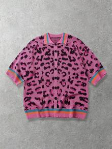 ROMWE MEN Street Life Men's Leopard Print Button Knit Sweater - Hot Pink - View 5