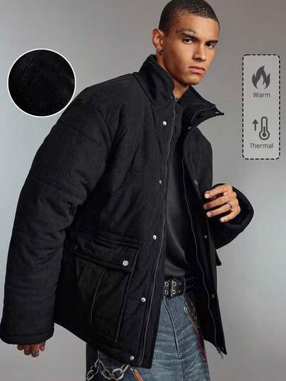 Street Life Veste décontractée d'hiver pour hommes en velours côtelé, col zippé, manches longues, couleur unie