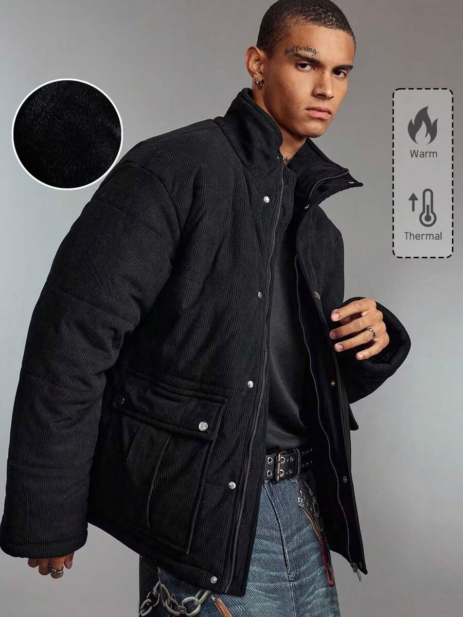 ROMWE MEN Street Life Men's Solid Color Long Sleeve Zipper Collar Corduroy Casual Winter Jacket - Black - View 1