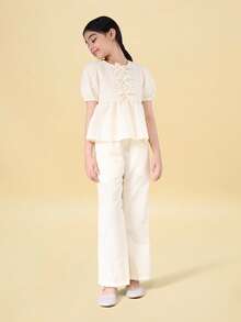 SUMWON Tween Puff Sleeve Blouse And Straight Leg Pants Co-Ord Set With Bow Ties And Polka Dot Pattern For Spring Summer Festive Occasionwear