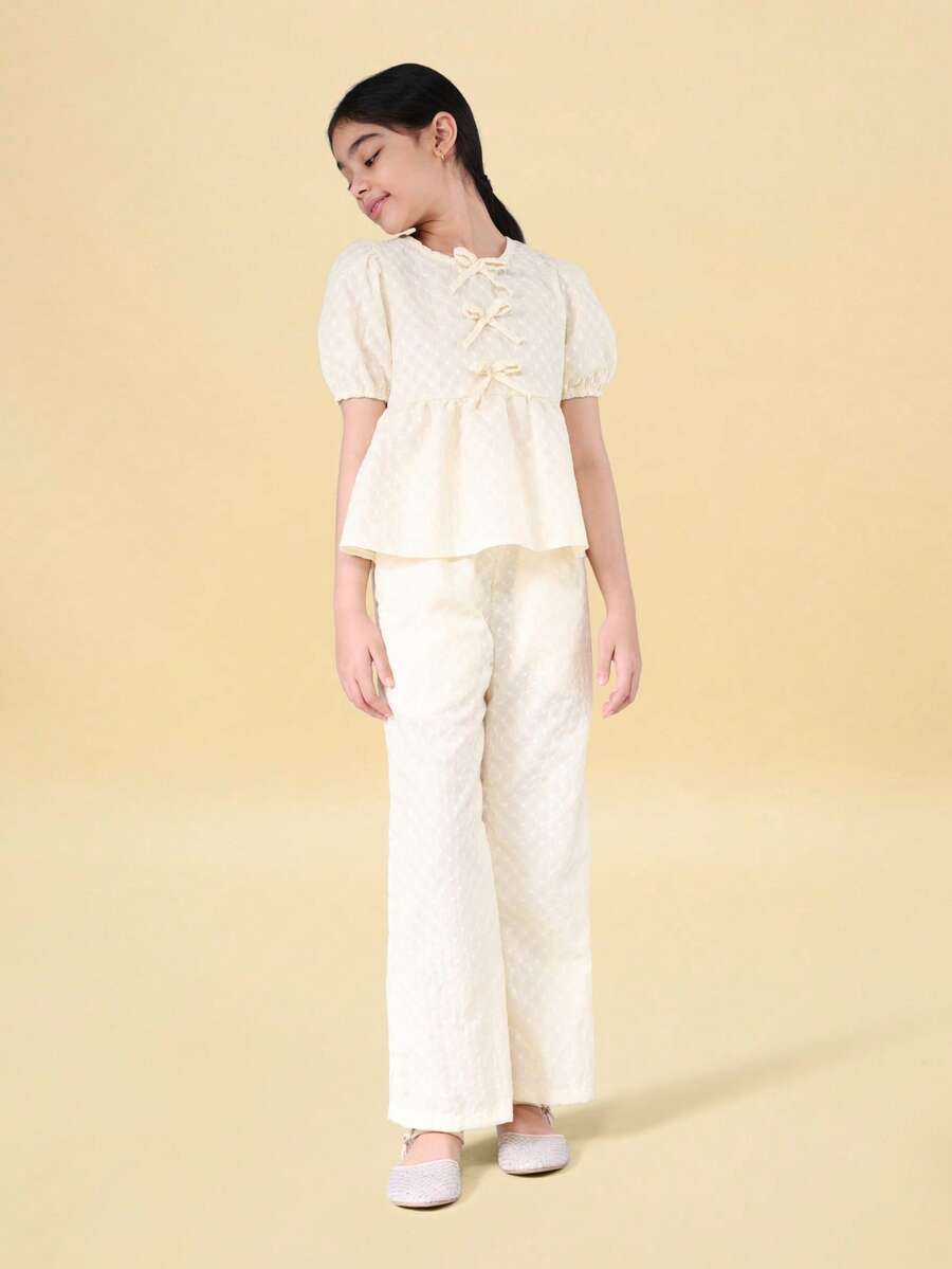 SUMWON Tween Puff Sleeve Blouse And Straight Leg Pants Co-Ord Set With Bow Ties And Polka Dot Pattern For Spring Summer Festive Occasionwear