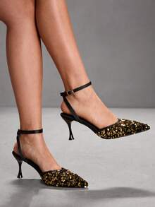 CUCCOO SZL Zapatos de mujer de tacón alto con diseño de lentejuelas brillantes para banquetes, fiestas y uso nocturno - Dorado - Ver 1
