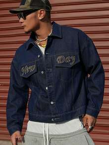 DAZY Men's Short Denim Jacket With Letter Embroidery, Navy Blue, Spring/Autumn - Blue - View 4