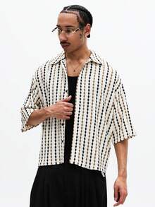 SUMWON Short Sleeve Button Down Shirt With Geometric Diamond Pattern Open Front Casual Summer Spring - Apricot - View 1