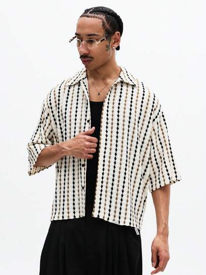 SUMWON Kortärmad skjorta med knappar och geometriskt diamantmönster, öppen framtill, casual, sommar, vår