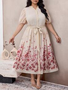 Modelyn 大码短袖浪漫印花优雅休闲A字双层连衣裙 - 杏色 - 查看 6