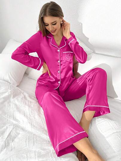 LuxeNights Women's Contrast Trim Lapel Top With Pockets & Embroidery Pajama Set, Fall Winter Clothes Cozy And Elegant Details