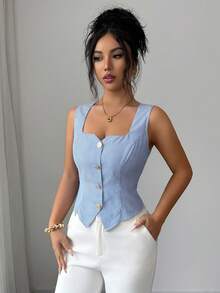 Selianne 时尚女士条纹优雅衬衫，玫瑰金纽扣，通勤风，适合约会、通勤、夏季、返校、办公、度假等场合，百搭单品。 - 藍色 - 查看 7