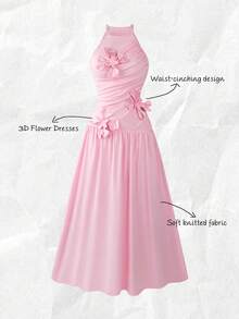 Olithes 女士优雅3D立体花卉吊带连衣裙 - 粉色 - 查看 1