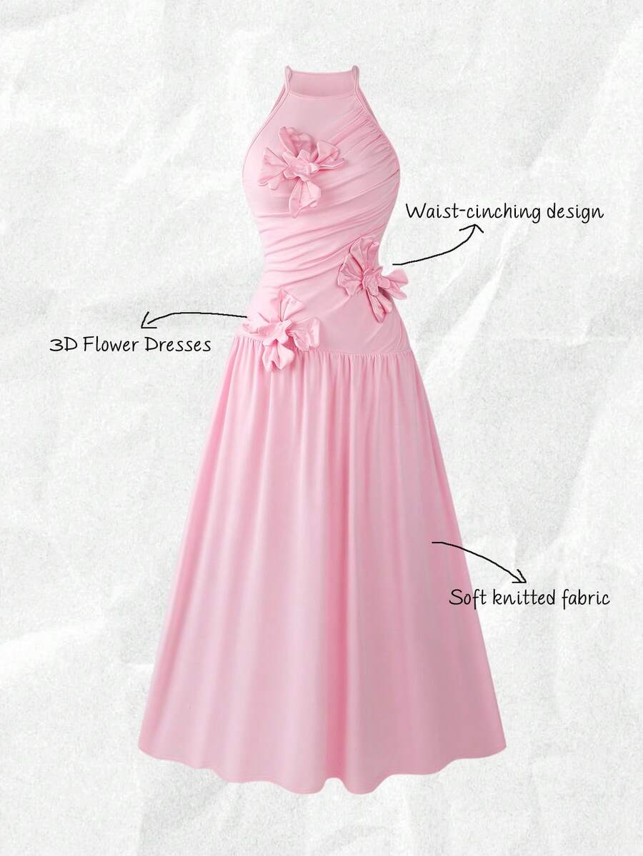 Olithes 女士优雅3D立体花卉吊带连衣裙 - 粉色 - 查看 1