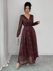 Rafferiza Sequin Embellished Long Sleeve Party Dress - Maroon - View 5
