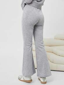 SHEIN EZwear Quần ống loe dệt kim thường ngày dành cho nữ - Xám - Xem 2