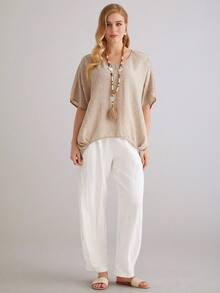 Parysyn 大码梭织休闲宽松夏季衬衫 - 卡其色 - 查看 4