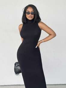 Alexandranx 极简主义通勤年轻街头装灰色高领高领无袖修身 H 型超长女士毛衣连衣裙 - 黑色 - 查看 4