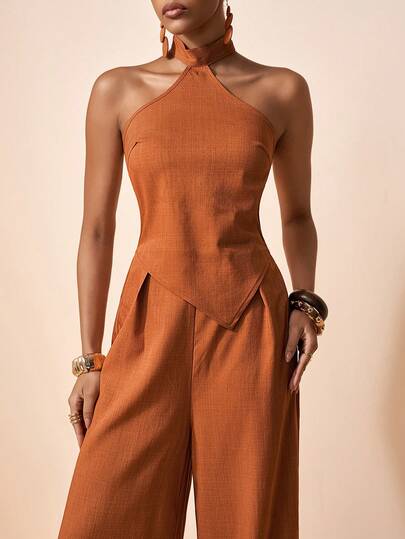 Zivah 2025 Spring New Music Festival Western Style Vacation Beach Elegant Minimalist Diamond Hem Tie Front Backless Elastic Waist Women Jumpsuit