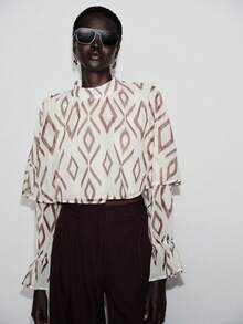 Lumivelle Women's Fashionable Elegant Printed Stand Collar Puff Sleeve Loose Crop Top Spring/Summer Chiffon Fabric With Print, Natural And Versatile.Graphic Tops Women Bell Sleeve Brown Blouses Earthy Tops Scarf Top - Apricot - View 4
