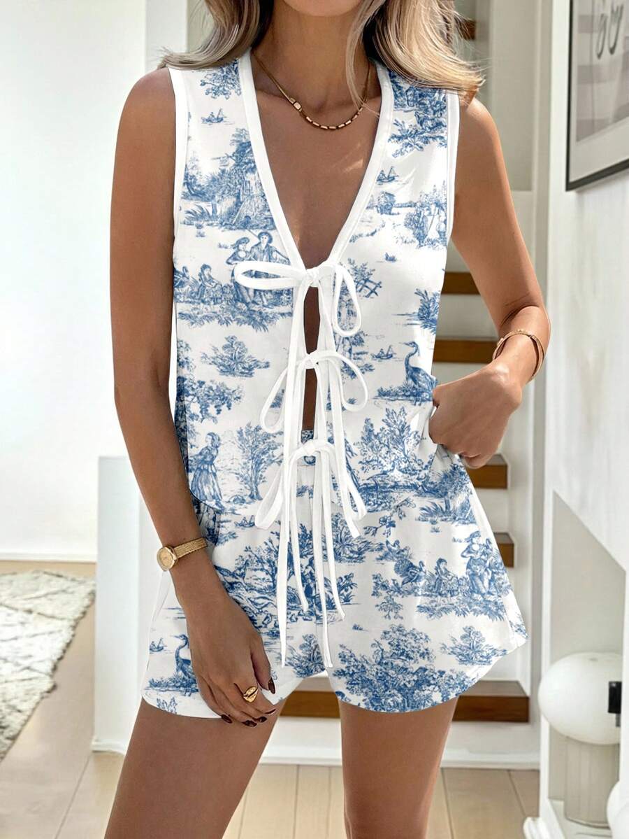 Easowa 两件套女士水墨花卉仙鹤印花系带露脐上衣和短裤套装，性感度假装，适合春夏穿着 - 彩色 - 查看 1