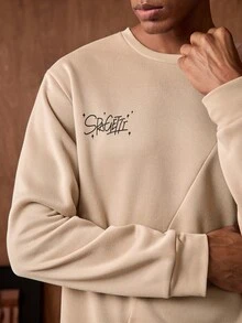 AKNOTIC Business Casual 男士休闲日常通勤简约字母印花圆领卫衣，春秋季 - 卡其色 - 查看 2