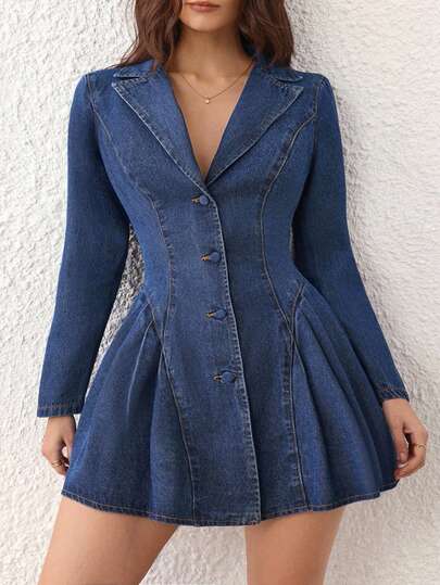 Selenza 大码纯色前扣休闲百搭长袖牛仔连衣裙