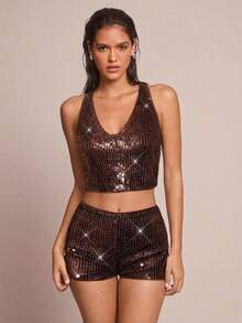 Glamine Bộ 2 món thời trang nữ gợi cảm đính sequin dự tiệc âm nhạc gồm áo vest và quần short - Cà phê nâu - Xem 3