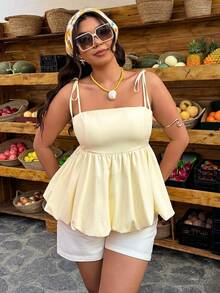 Breezaya Áo croptop hai dây màu vàng nhạt cỡ lớn - kiểu dáng phồng, thời trang và thanh lịch, thích hợp mặc hàng ngày vào mùa xuân và mùa hè. - Màu vàng - Xem 3