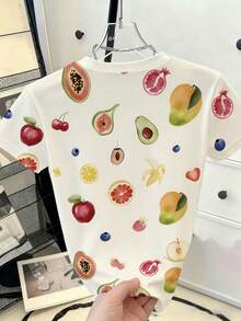Resyla 女士休闲水果印花圆领短袖T恤，夏季 - 彩色 - 查看 2