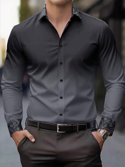Manfinity Mode Men's Ombre Gradient Long Sleeve Dress Shirt, Business/Social Gathering,Dress Shirt Printed Shirts Spring/Autumn, For Fall,Men Old Money,Daily Leisure, Weekend Trips, Outdoor Activities, Travel Expeditions, Relaxed Work Environments Or Semi-Formal Occasions, Boyfriend/Husband Gift, Anniversary /Birthday Gift Party Summer Vacation Holiday,Wedding,Spring To Summer,Mardi Gras,Men's Gradient Long Sleeve Button Up Shirt With Paisley Print Collar And Cuffs Casual Fashion,Men's Ombre Dress Shirt,Black And Grey Dress Shirt,Men's Long Sleeve Gradient Shirt,Dress Shirts For Men,Men's Patterned Collar Shirt